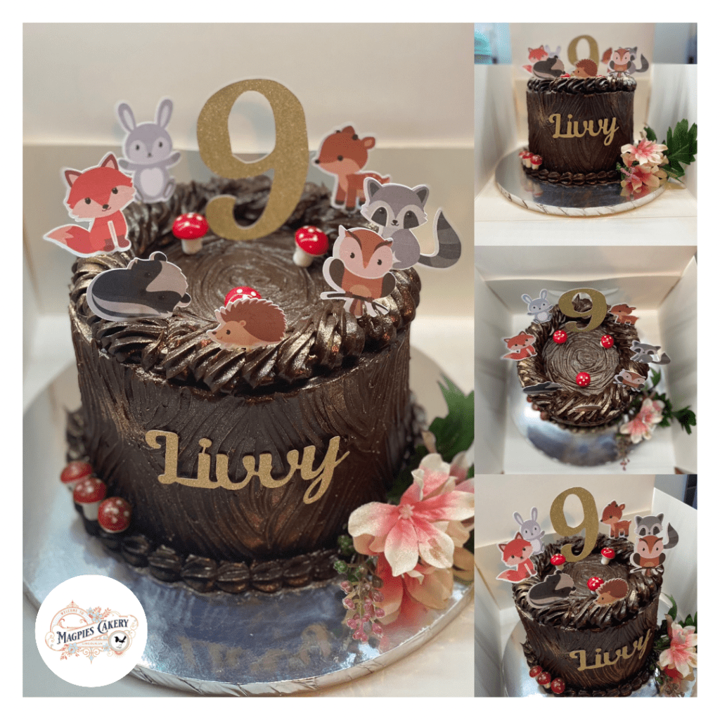 Woodland fairytale inspired chocolate gluten free birthday cake, Magpies Cakery, local cake maker & decorator for Lincoln & Newark