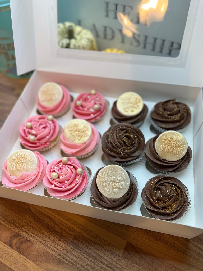 Vanilla pink & chocolate ganache cupcakes, Magpies Cakery, local cake maker & decorator for Lincoln & Newark