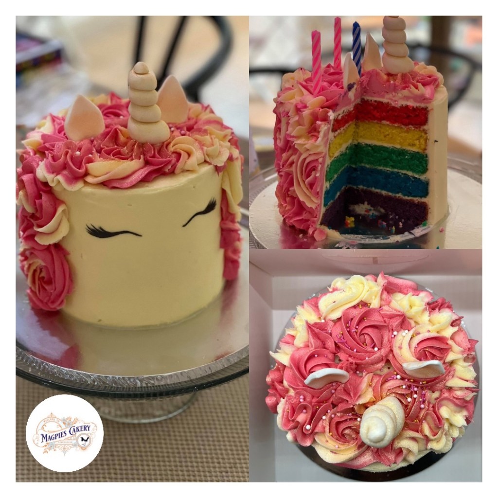 Rainbow pink unicorn birthday cake, local cake maker & decorator, Lincoln & Newark