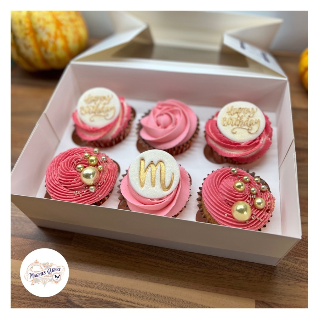 Pink & gold birthday cupcakes, Magpies Cakery, cake maker & decorator Lincoln & Newark