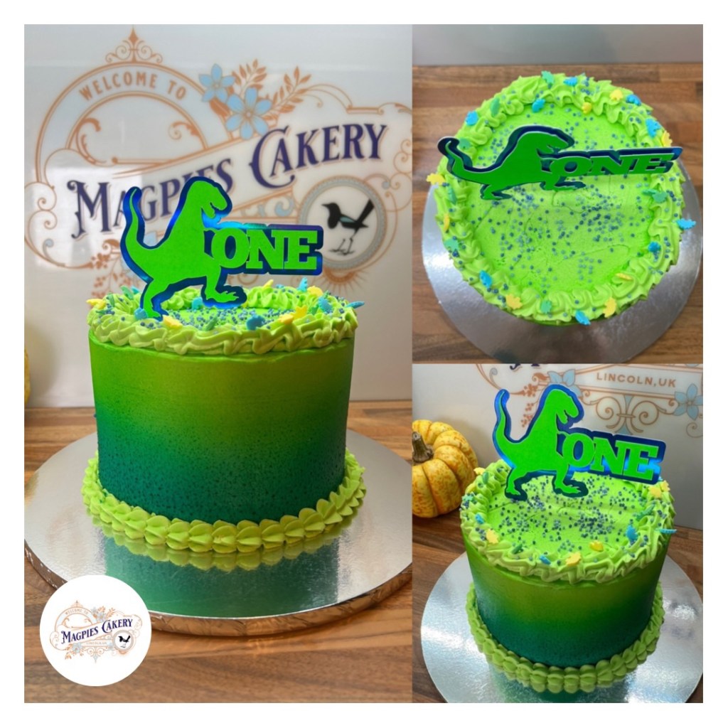 Dinosaur themed 1st birthday buttercream finish cake. Cake maker & decorator, Lincoln & Newark