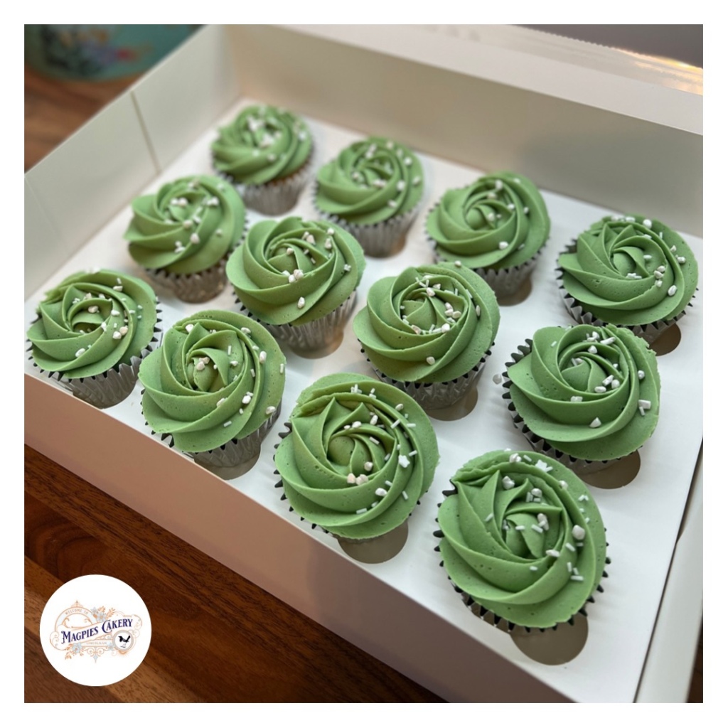 Three tier sage green fondant finish wedding cake and matching buttercream cupcakes, Magpies Cakery, cake maker & decorator, Lincoln & Newark
