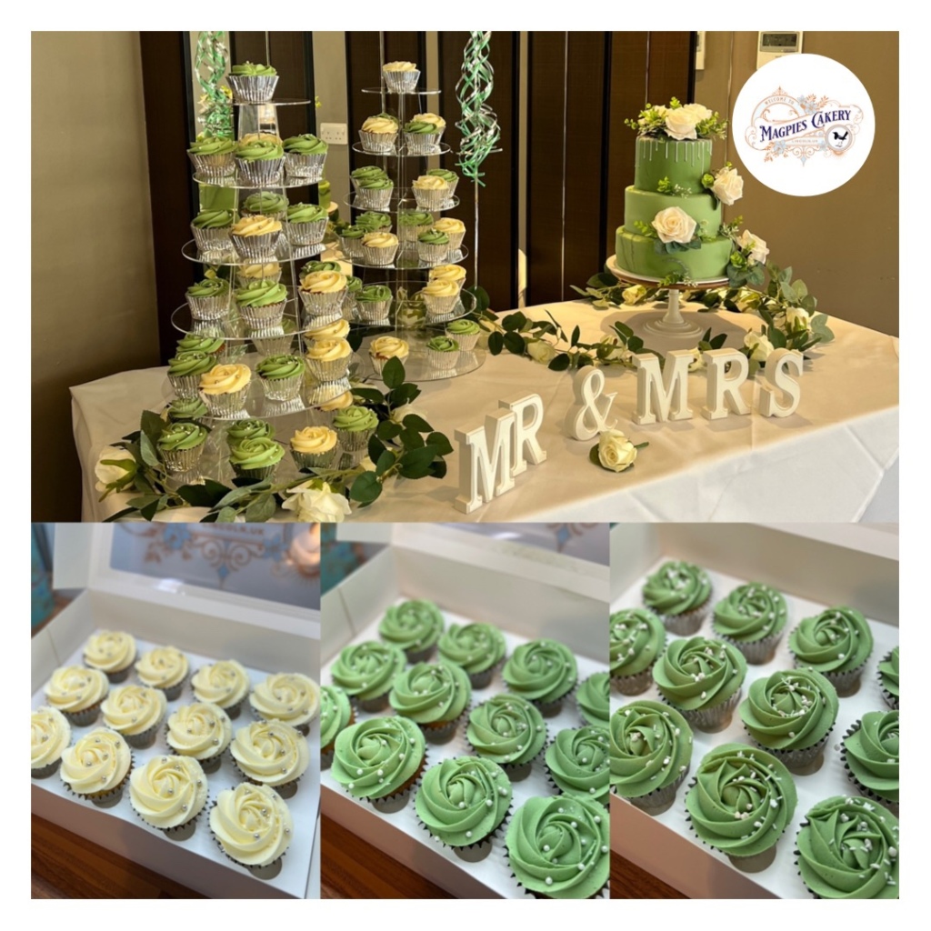 Three tier sage green fondant finish wedding cake and matching buttercream cupcakes, Magpies Cakery, cake maker & decorator, Lincoln & Newark