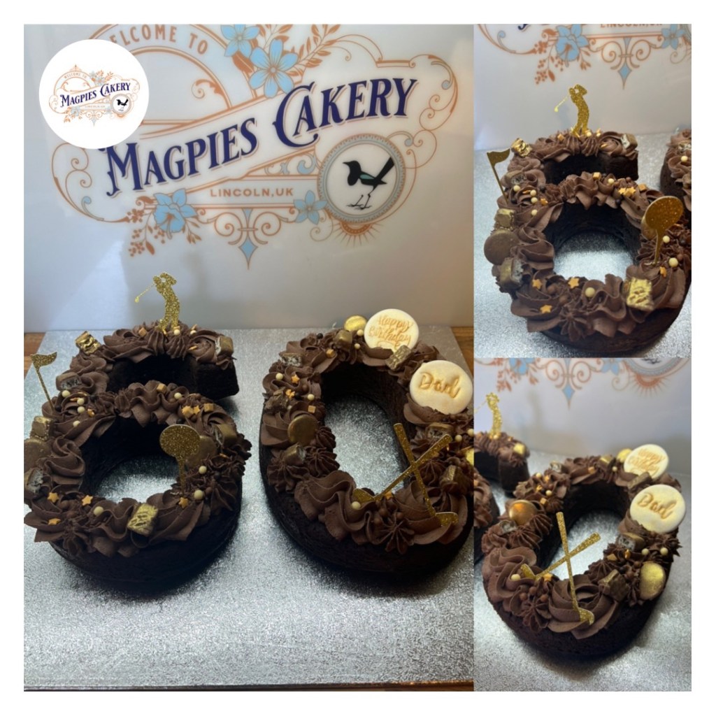 Number 60 chocolate 60th birthday golf themed cake, Magpies Cakery, cake maker & decorator, Lincoln & Newark