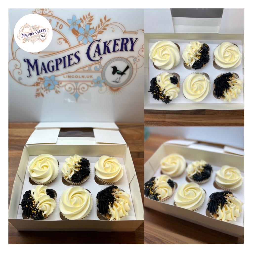 Black, gold & cream cupcakes, Magpies Cakery, cake maker & decorator, Lincoln & Newark