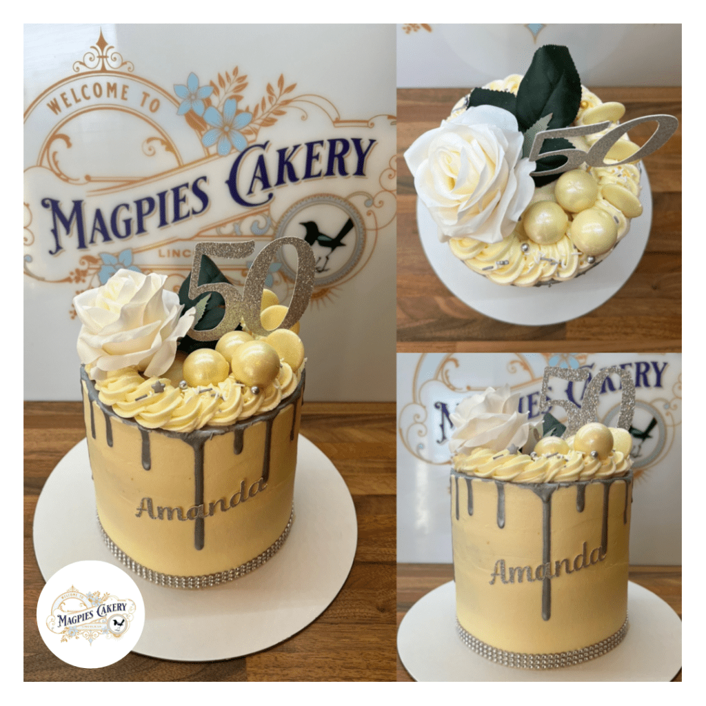 Silver floral 50th birthday drip cake, cake maker & decorator, Lincoln & Newark