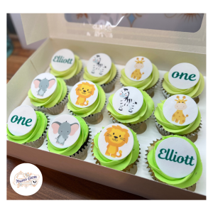 Safari inspired buttercream 1st birthday cupcakes with personalised toppers, cake maker & decorator, Lincoln & Newark