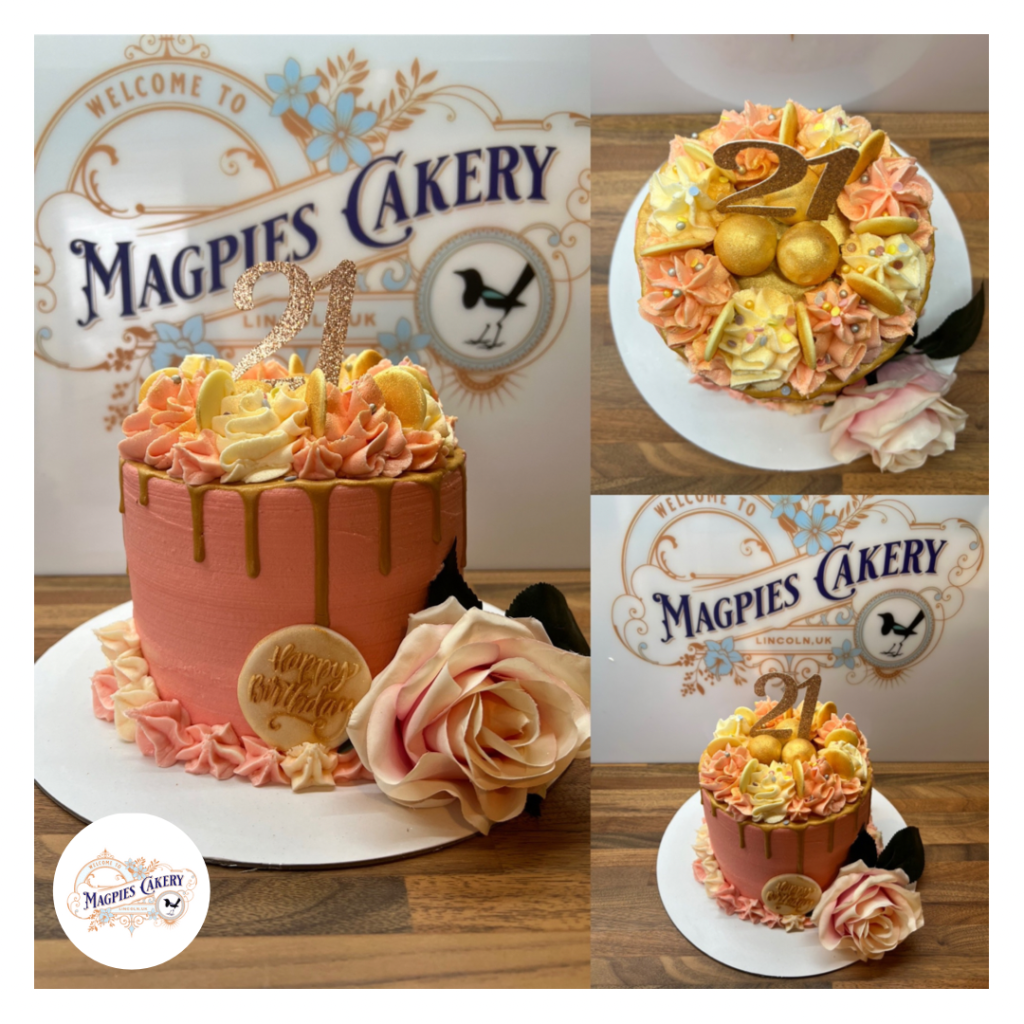Pink floral 21st birthday drip cake, cake maker & decorator, Lincoln & Newark