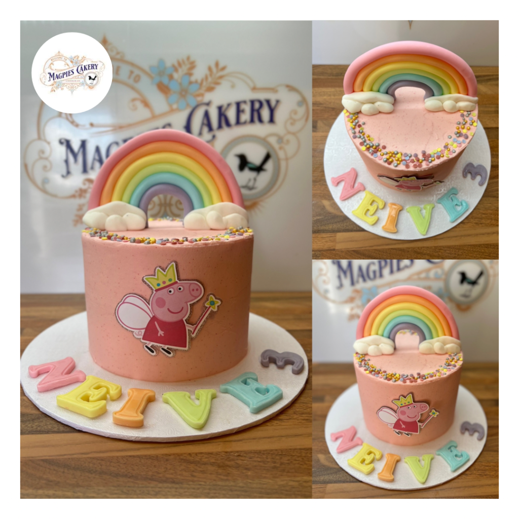 Peppa Pig pastel rainbow birthday cake, Magpies Cakery, cake maker & decorator, Lincoln & Newark