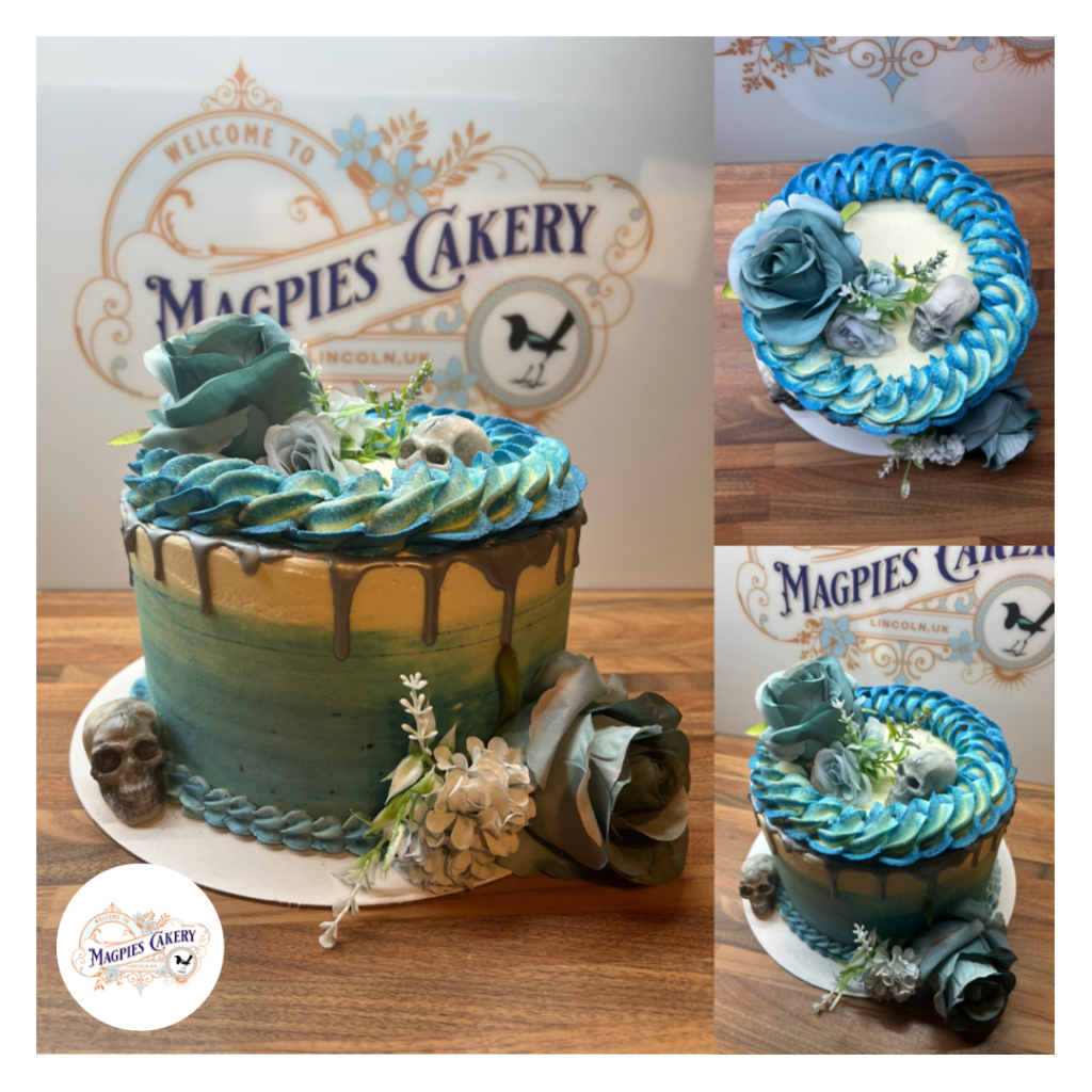 Blue skulls & floral birthday cake, Magpies Cakery, cake maker & decorator, Lincoln & Newark