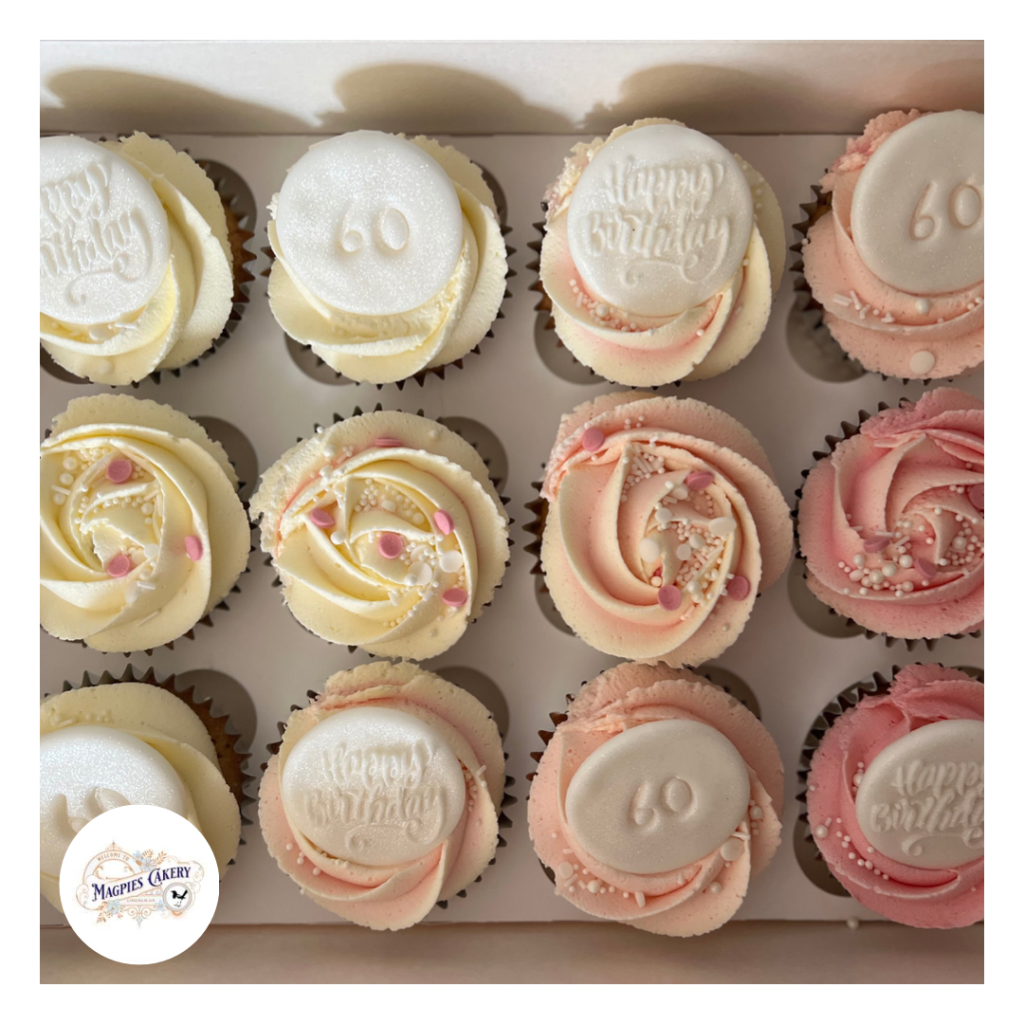 60th birthday pink cupcakes, Magpies Cakery, cake maker & decorator, Lincoln & Newark