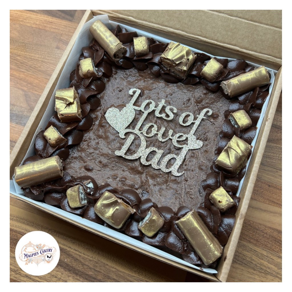 Personalised chocolate brownie slab, brownies by post, Magpies Cakery, cake maker & decorator, Lincoln & Newark
