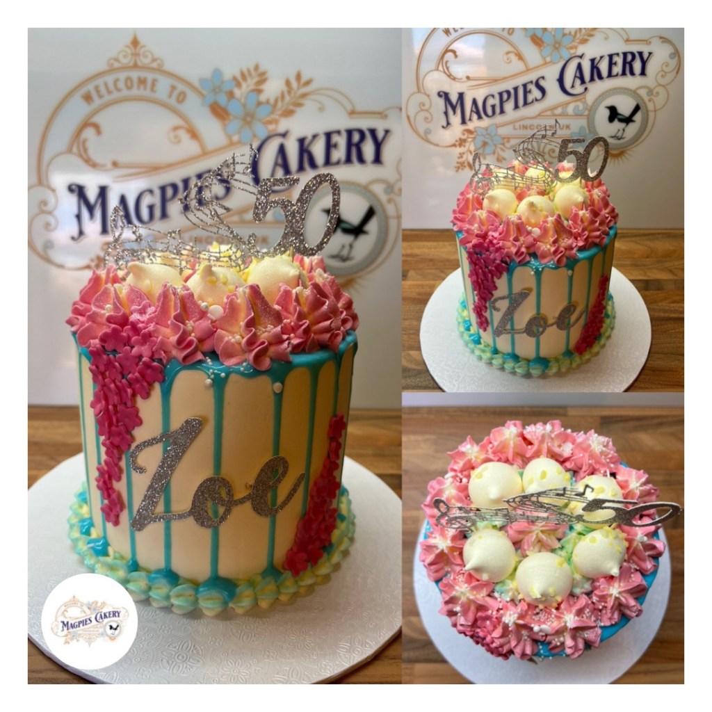 Mamma Mia inspired 50th birthday drip cake, cake maker & decorator, Lincoln & Newark