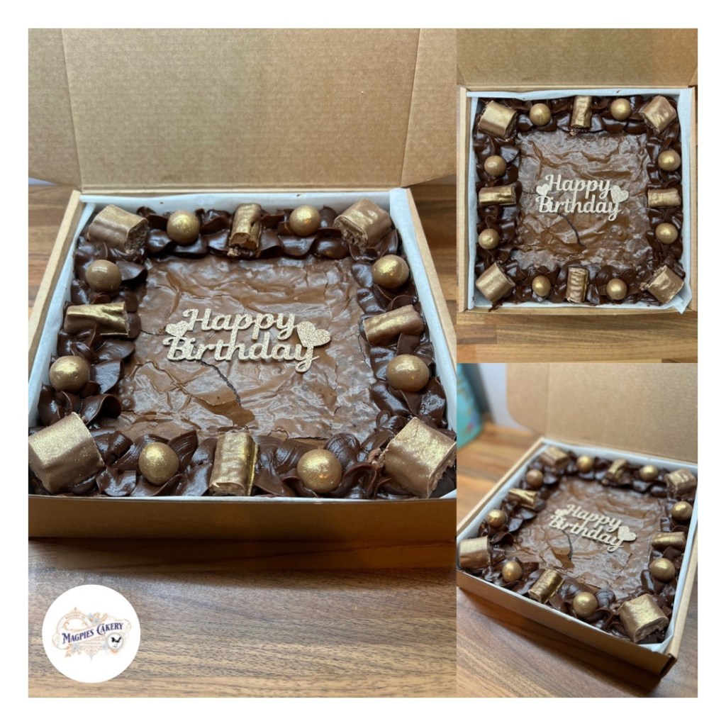 Personalised chocolate brownie slab, brownies by post UK, cake maker & decorator, Lincoln & Newark