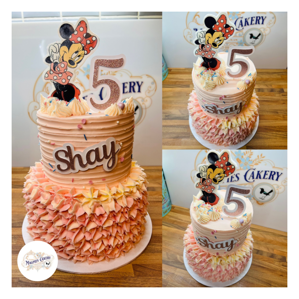 Pastel pink Minnie Mouse inspired two tier birthday cake, buttercream with personalised toppers, Magpies Cakery, cake maker & decorator, Lincoln & Newark