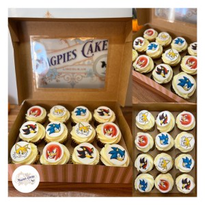 Sonic themed birthday cupcakes, finished with personalised printed icing cupcake toppers, cake maker & decorator, Lincoln & Newark