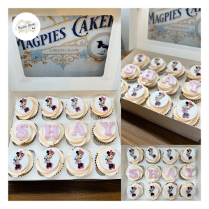 Pastel pink Minnie Mouse inspired birthday cupcakes buttercream with personalised toppers, Magpies Cakery, cake maker & decorator, Lincoln & Newark