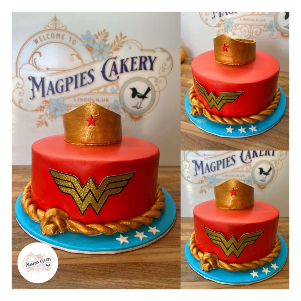 Wonder Woman birthday cake, finished with fondant, handmade fondant crown & rope, personalised WW card topper, cake maker & decorator, Lincoln & Newark