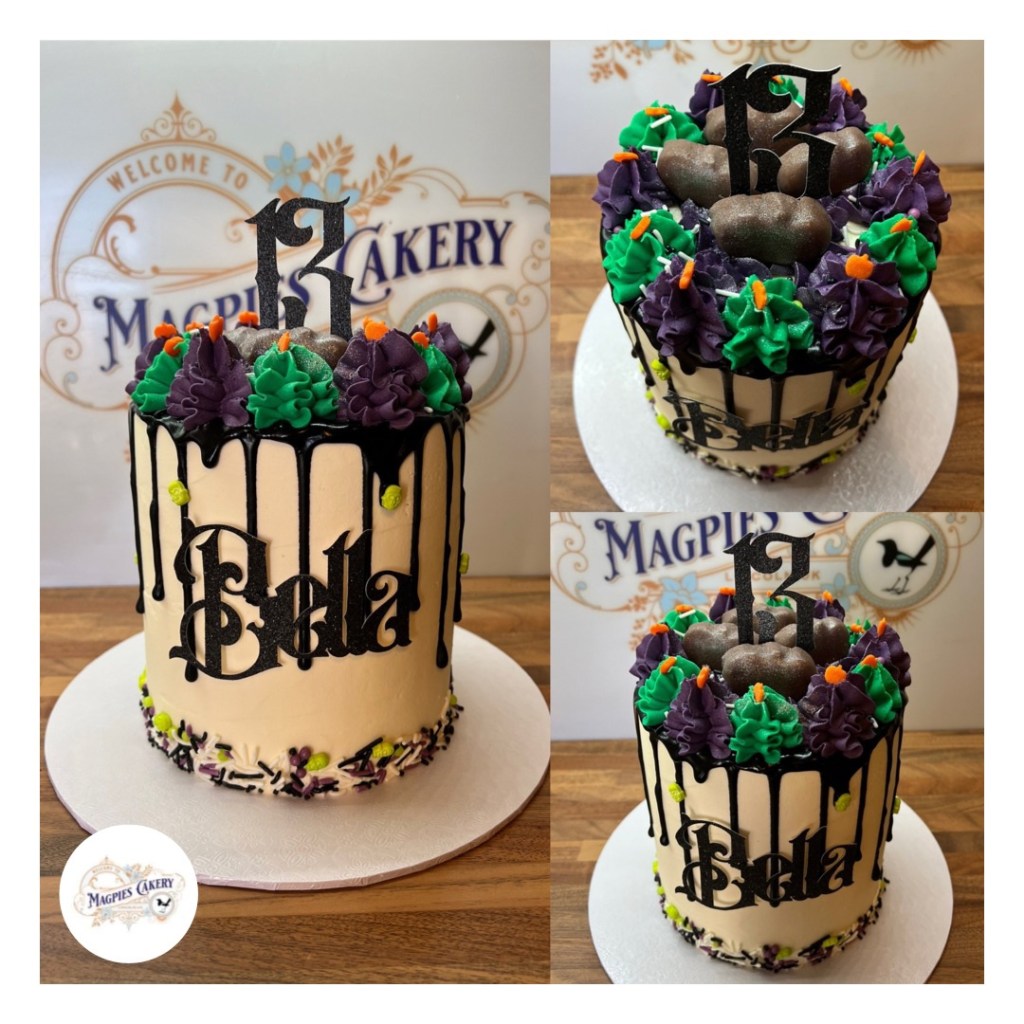 Halloween themed 13th birthday drip cake, finished with buttercream, black drip, piping, sprinkles & personalised name & age card cake toppers, finished with buttercream, cake maker & decorator, Lincoln & Newark