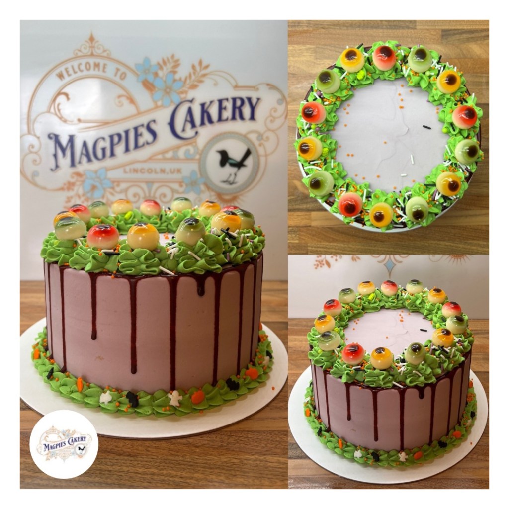 Halloween eyeball drip cake, finished with buttercream, blood red drip, jelly eyeballs and sprinkles, cake maker & decorator, Lincoln & Newark