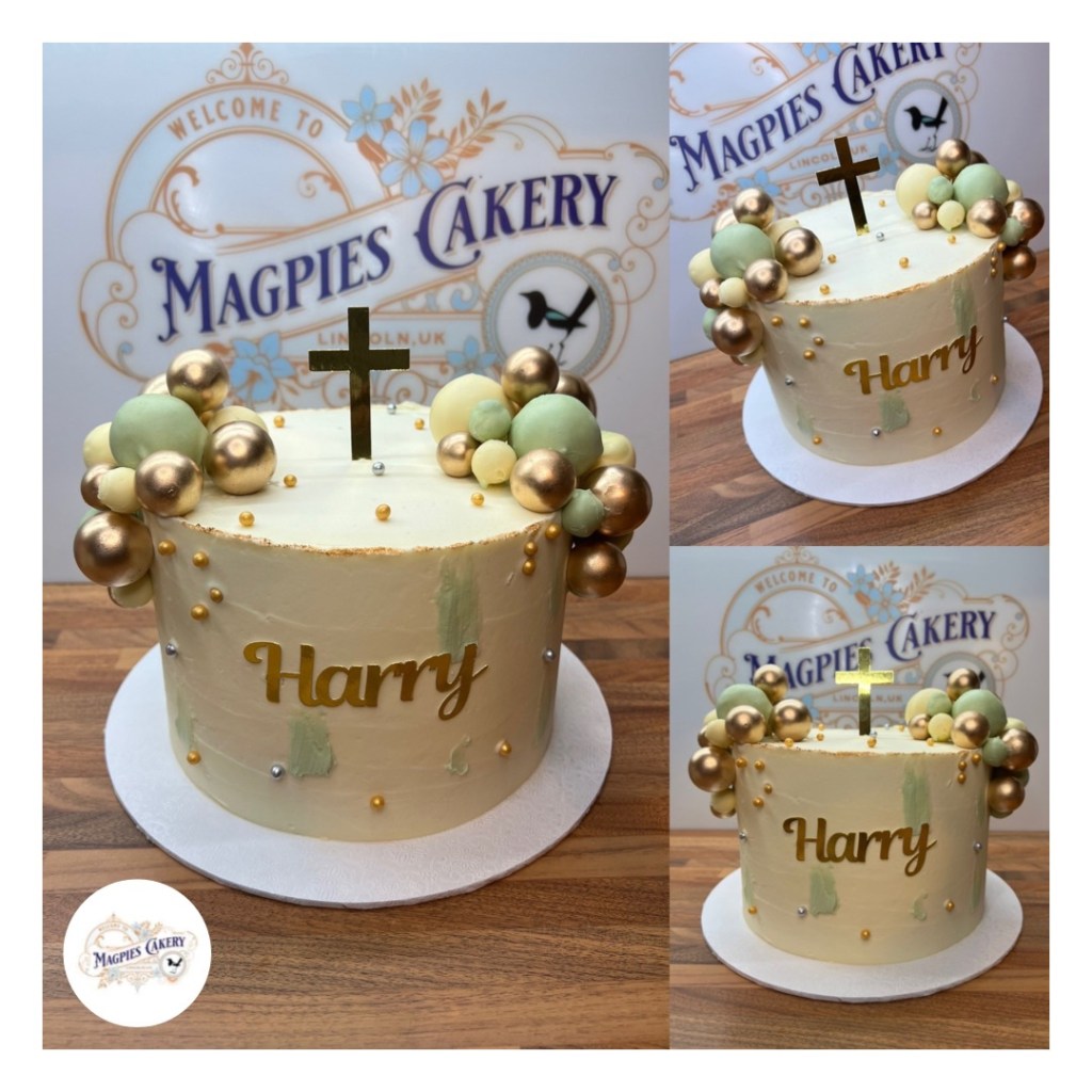 Christening cake with cream, gold & sage green chocolate balls & personalised card cake toppers, finished with buttercream, cake maker & decorator, Lincoln & Newark