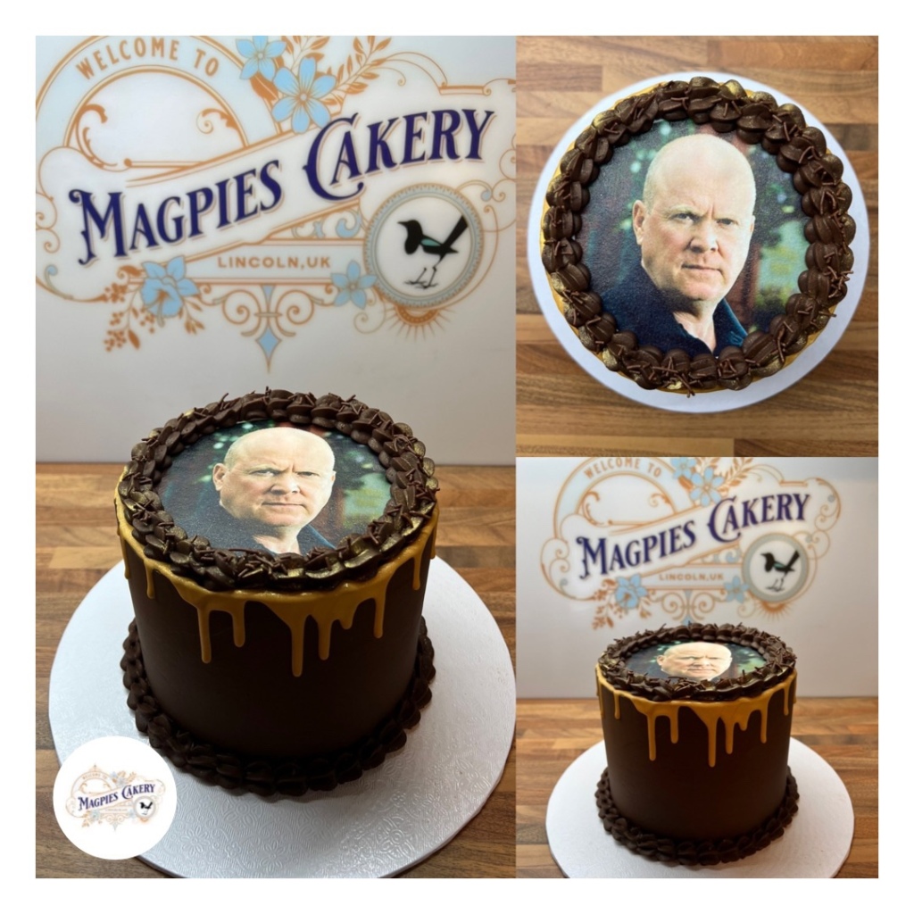 Phil Mitchell themed chocolate drip cake, finished with chocolate ganache, gold drip and printed icing personalised cake topper, cake maker & decorator, Lincoln & Newark