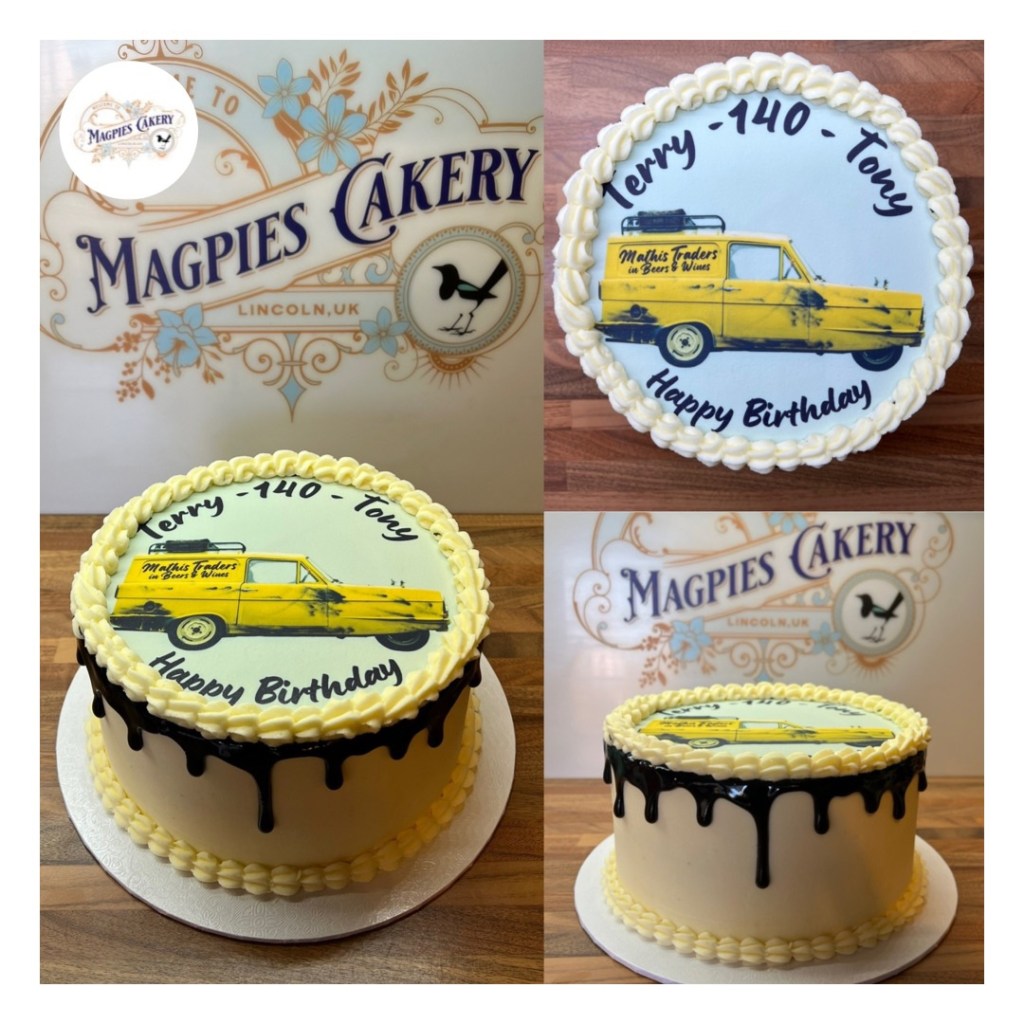 Only Fools & Horses themed 70th birthday cake, finished with buttercream, black drip & personalised printed icing cake topper, cake maker & decorator, Lincoln & Newark