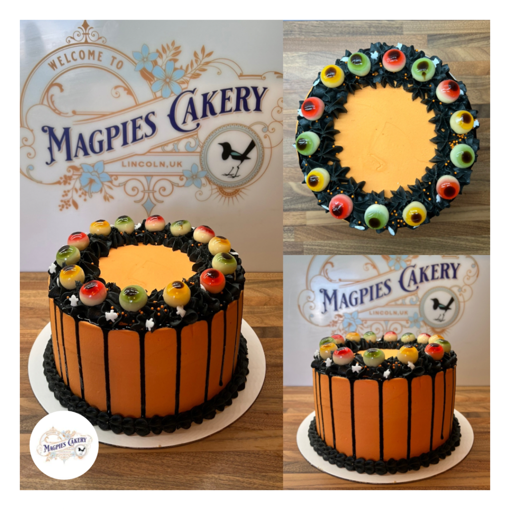 Halloween eyeball drip cake, finished with orange & black buttercream, cake maker & decorator, Lincoln & Newark