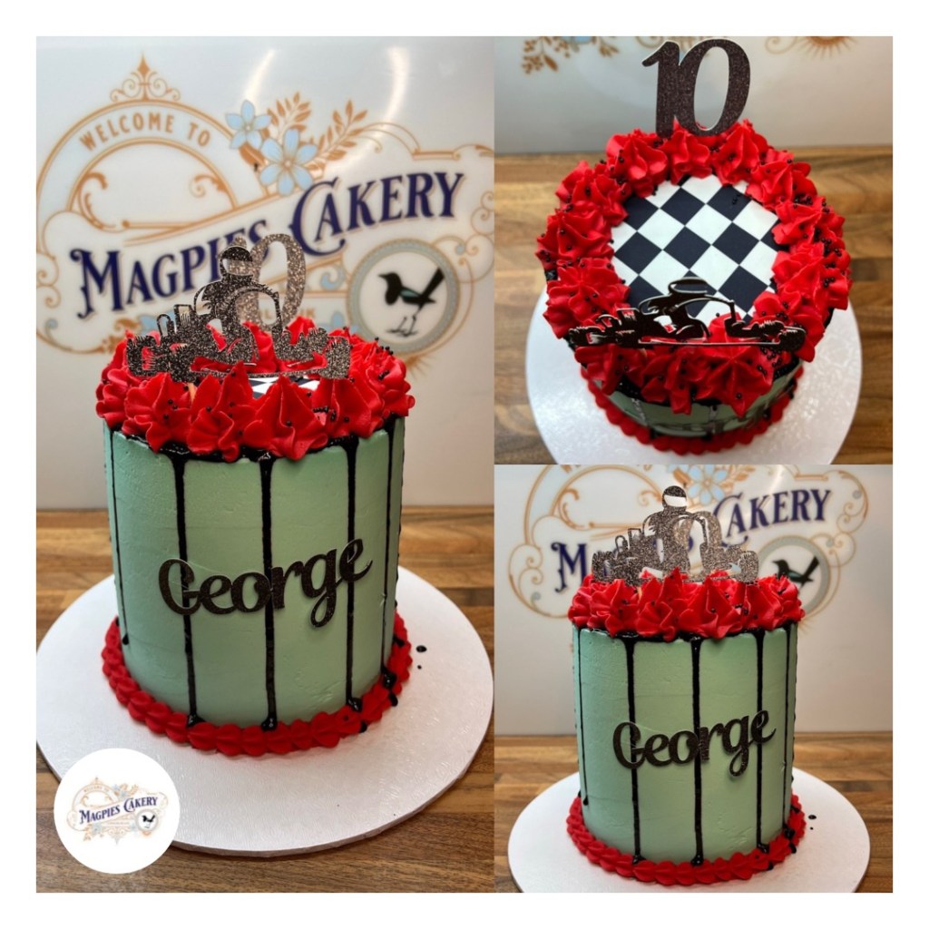 Go karting themed birthday drip cake, finished with blue buttercream, black drip, red piping & personalised name & age card cake toppers, finished with buttercream, cake maker & decorator, Lincoln & Newark
