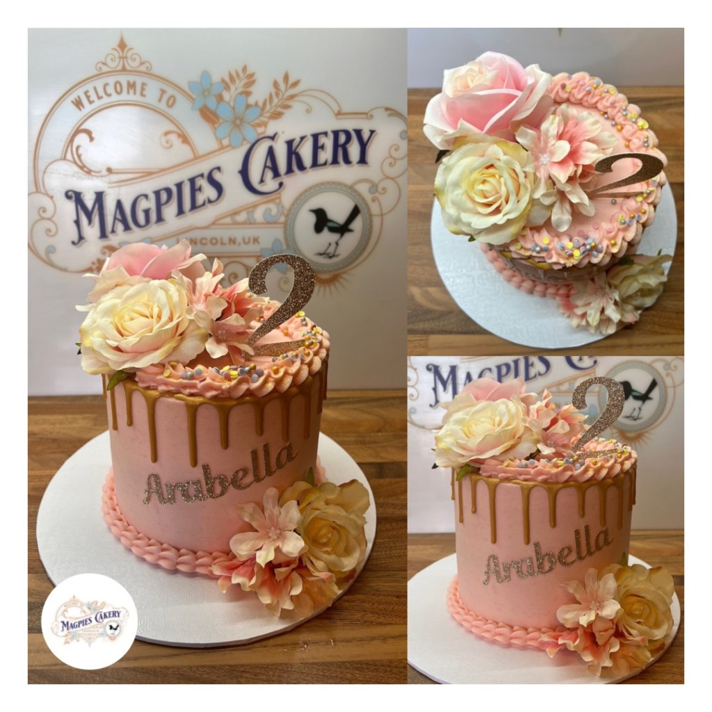 Pale pink & gold birthday drip cake, finished with pale pink buttercream, gold drip, piping, sprinkles, faux flowers & personalised name & age card cake toppers, finished with buttercream, cake maker & decorator, Lincoln & Newark