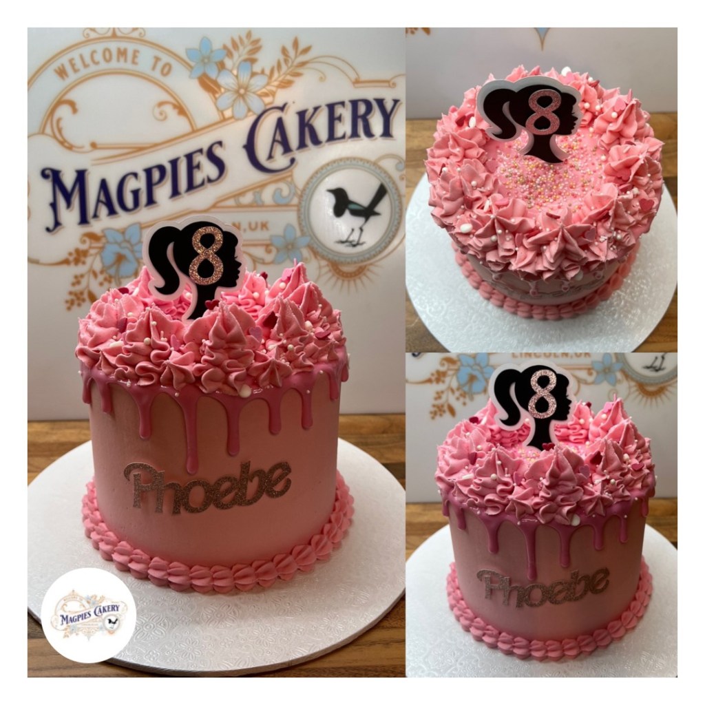 Barbie themed pink birthday drip cake, finished with buttercream, pink drip, sprinkles & personalised name & age cake toppers, cake maker & decorator, Lincoln & Newark