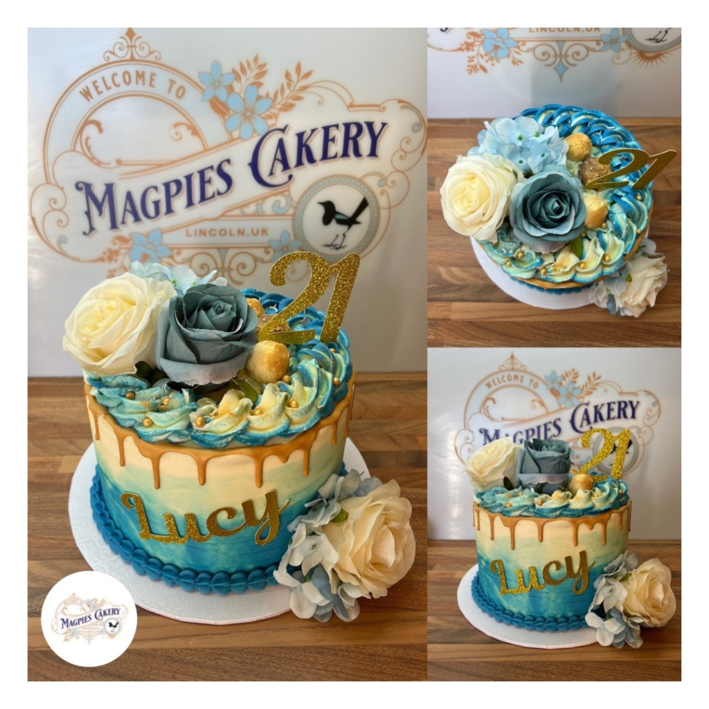 21st birthday gold & blue drip cake, finished with blue ombre buttercream, faux flowers & personalised name & age cake toppers cake maker & decorator, Lincoln & Newark