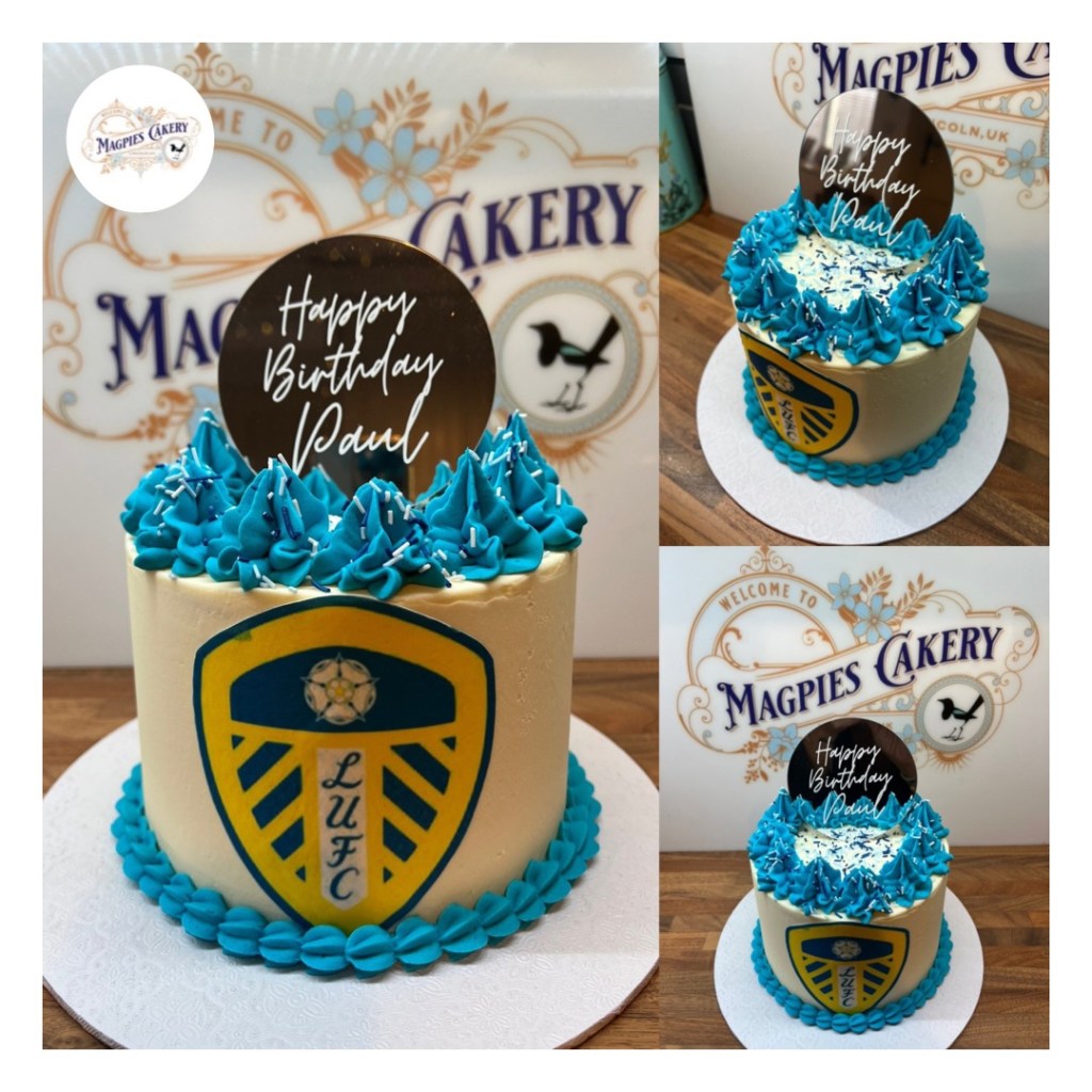 Leeds Utd football club inspired buttercream birthday cake with personalised topper, cake maker & decorator, Lincoln & Newark