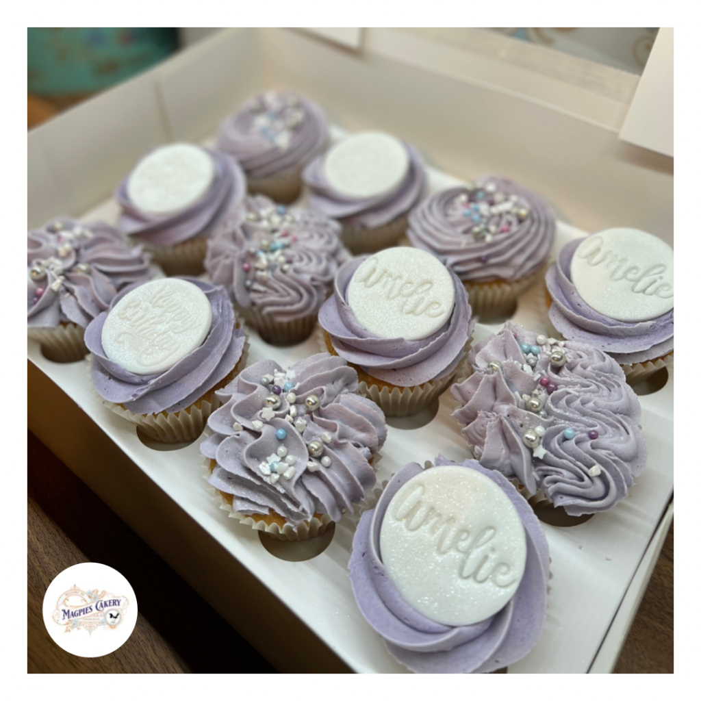 Lilac buttercream birthday cupcakes with personalised fondant icing toppers, cake maker & decorator, Lincoln & Newark
