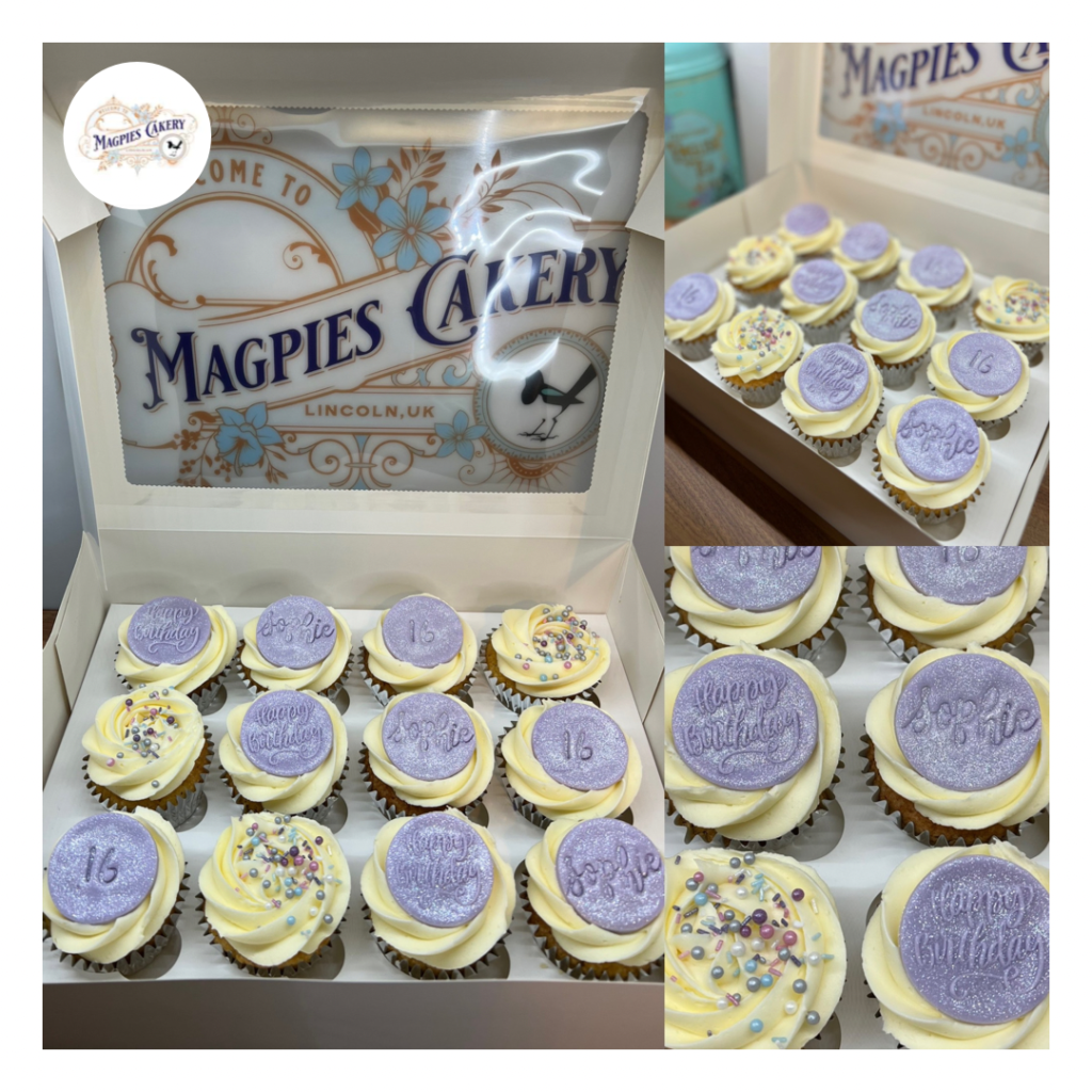 Lilac buttercream cupcakes with personalised fondant toppers, cake maker & decorator, Lincoln & Newark