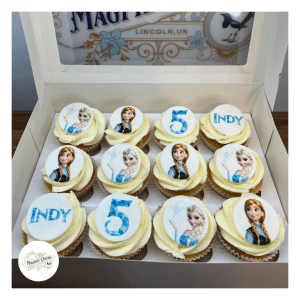 Frozen inspired buttercream birthday cupcakes with personalised name & age printed icing toppers, cake maker & decorator, Lincoln & Newark