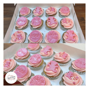 Pink teddy bear inspired buttercream baby shower cupcakes with personalised fondant toppers, cake maker & decorator, Lincoln & Newark