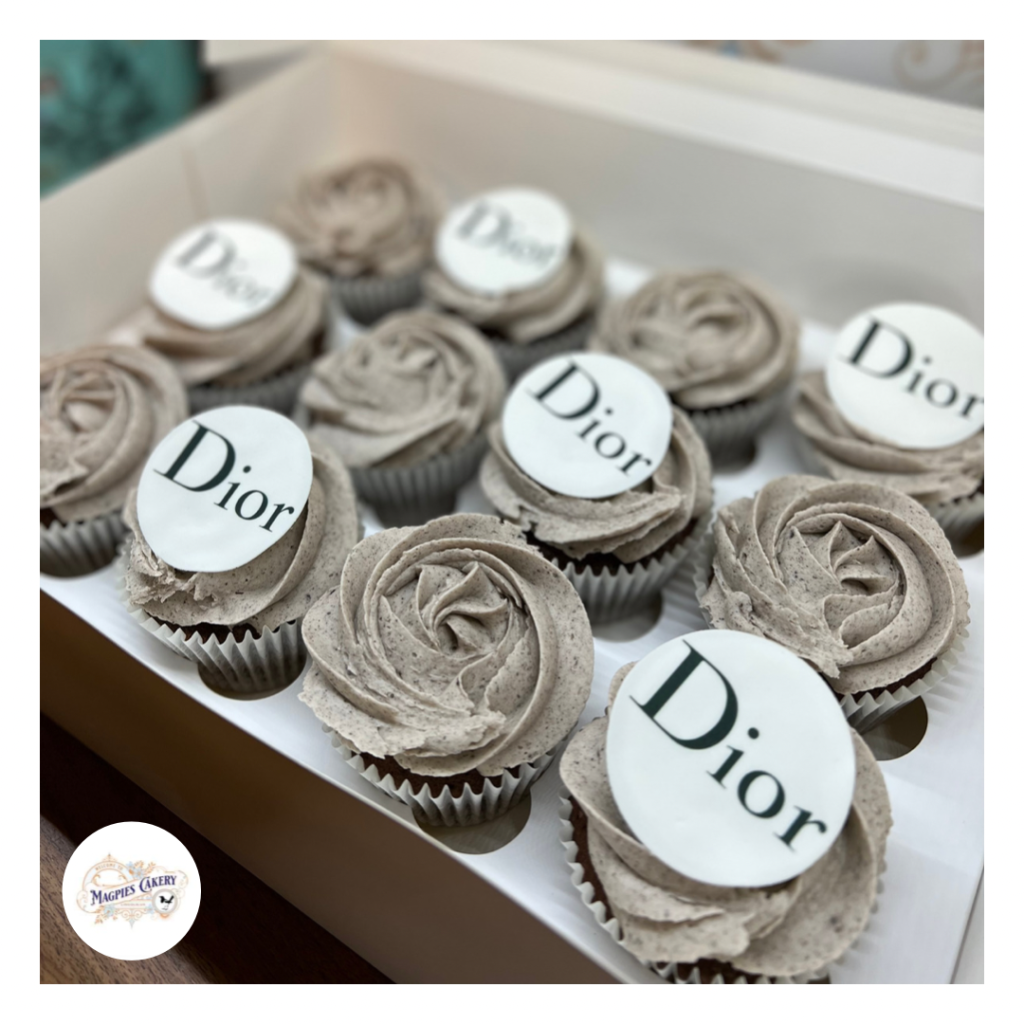 Dior inspired buttercream birthday cupcakes with printed icing logo toppers, cake maker & decorator, Lincoln & Newark