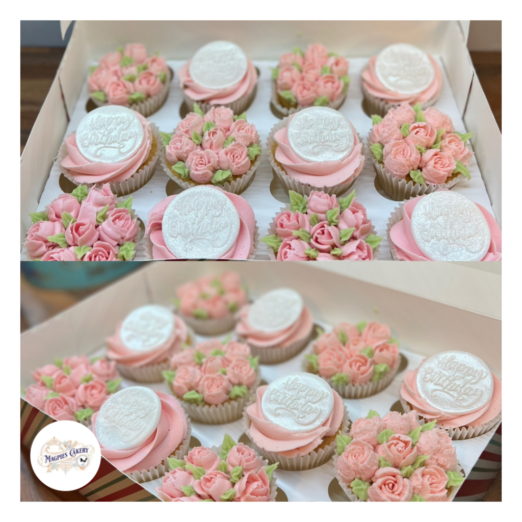 Pink floral buttercream birthday cupcakes with fondant toppers, cake maker & decorator, Lincoln & Newark