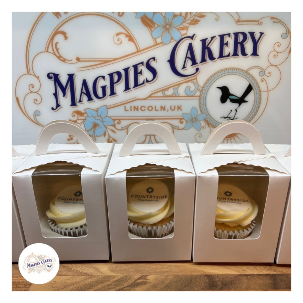 Individually boxed cupcakes with personalised business logo printed icing cupcake toppers, cake maker & decorator, Lincoln & Newark