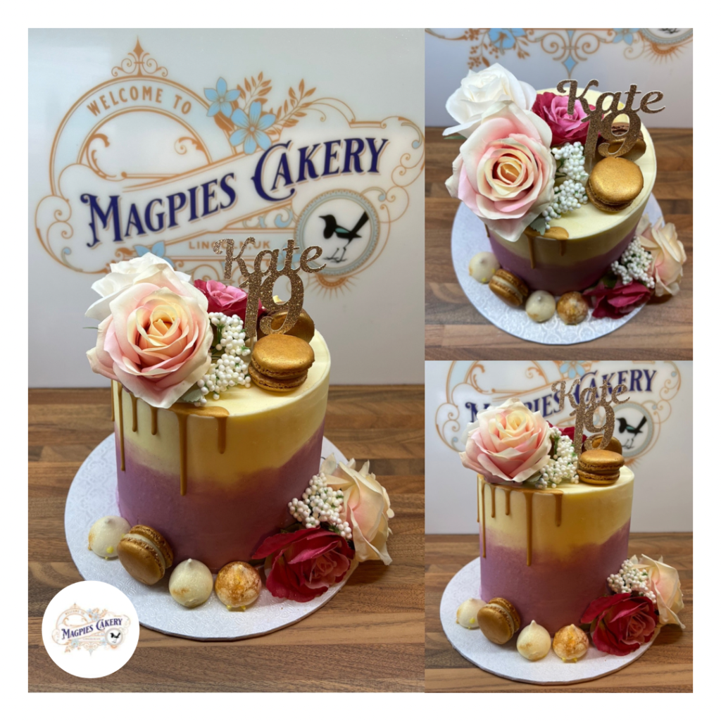 Floral birthday drip cake, cake maker & decorator, Lincoln & Newark