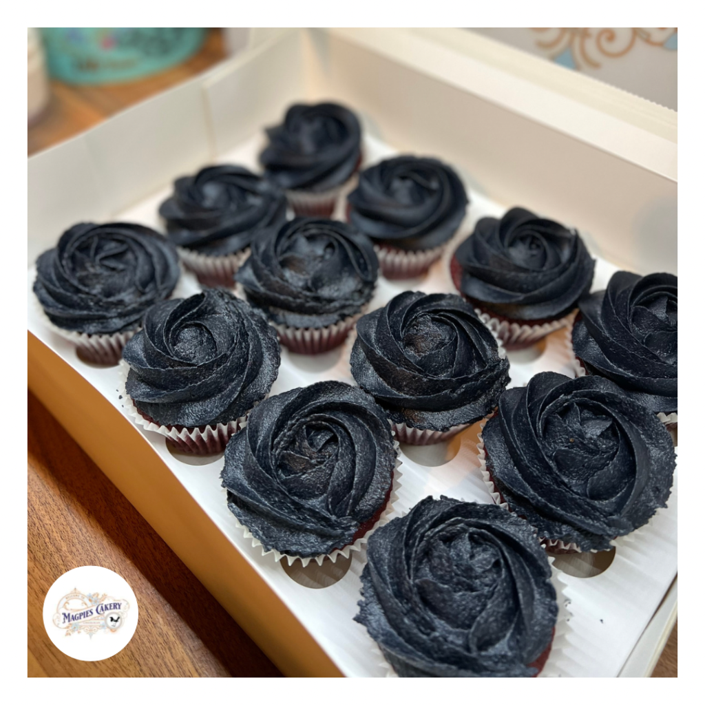Black buttercream birthday cupcakes, red velvet cupcakes with black vanilla buttercream, cake maker & decorator, Lincoln & Newark