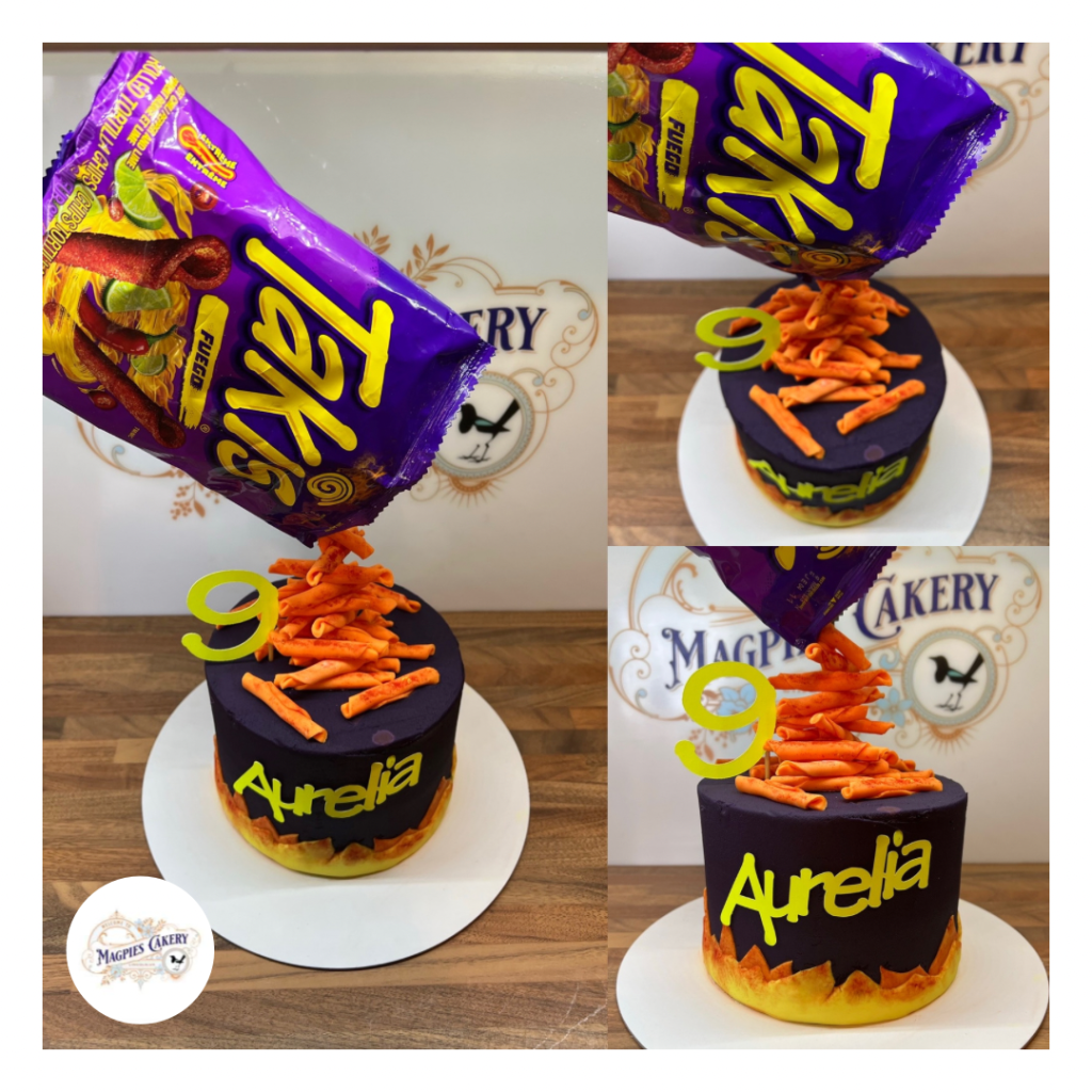 Takis inspired 9th birthday cake, finished with purple buttercream, fondant takis and personalised cake toppers, cake maker & decorator, Lincoln & Newark