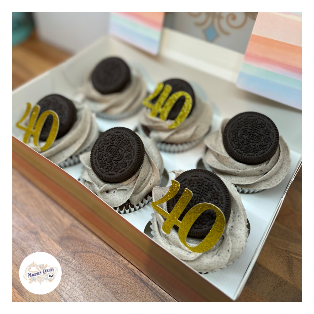 Chocolate Oreo 40th birthday cupcakes, finished with personalised cupcake toppers, cake maker & decorator, Lincoln & Newark