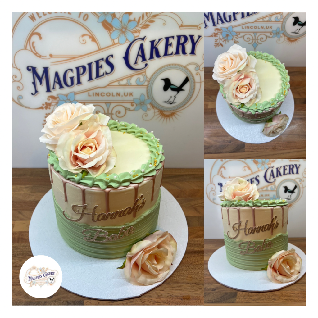 Green & cream floral baby shower drip cake, cake maker & decorator, Lincoln & Newark