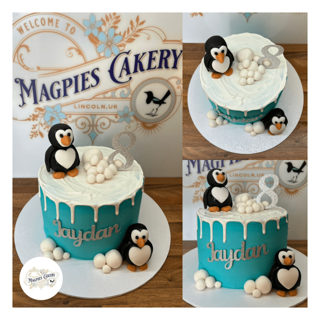 Penguin inspired birthday drip cake, cake maker & decorator, Lincoln & Newark