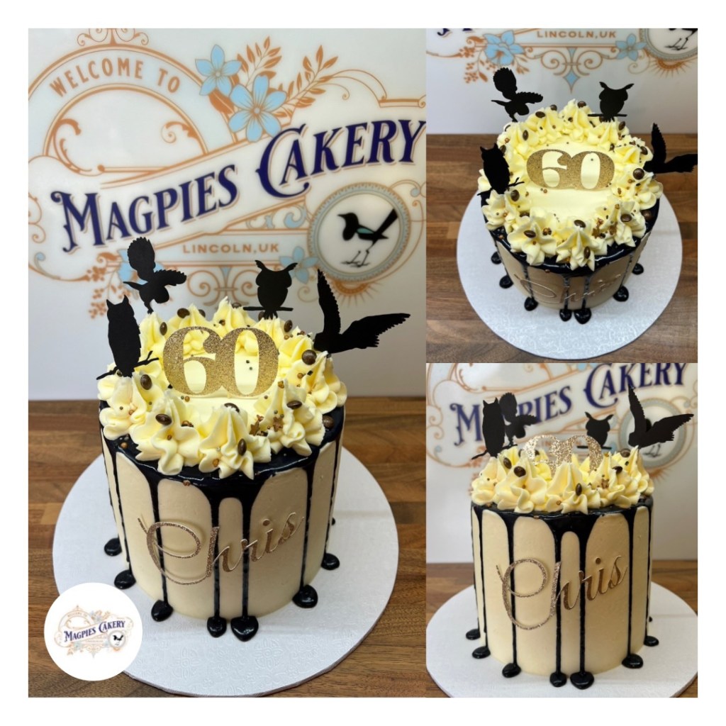 Owl inspired 60th birthday drip cake, cake maker & decorator, Lincoln & Newark