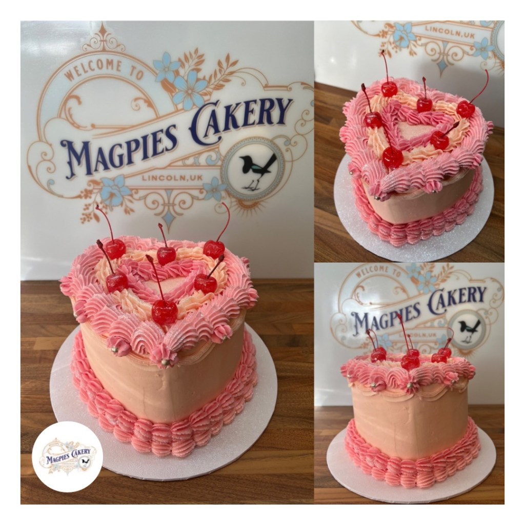 Vintage style pink heart buttercream birthday cake with cocktail cherries, Magpies Cakery, cake maker & decorator, Lincoln & Newark