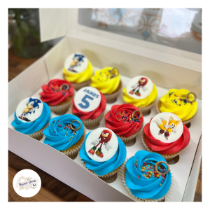 Sonic inspired printed icing cupcakes, Magpies Cakery, local cake maker & decorator for Lincoln & Newark