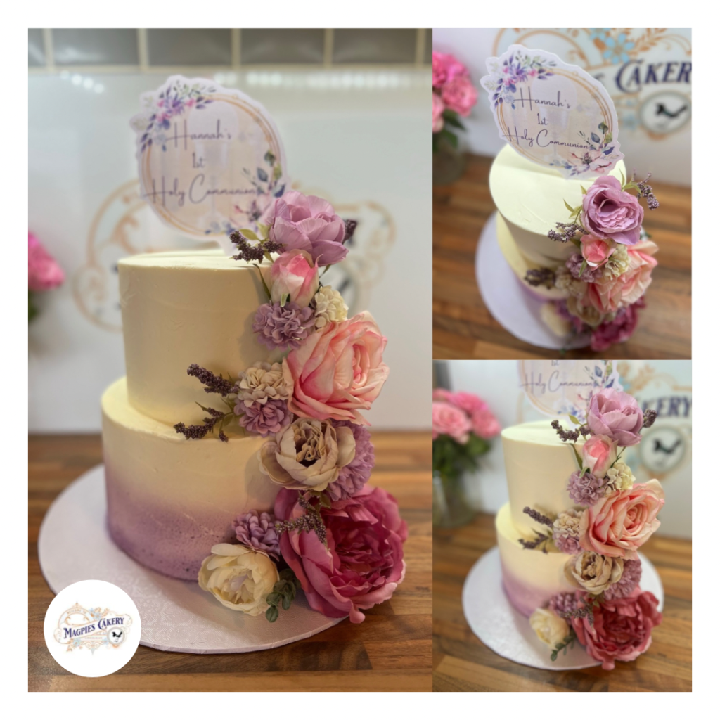 Two tier buttercream finish floral christening cake. Cake maker & decorator, Lincoln & Newark